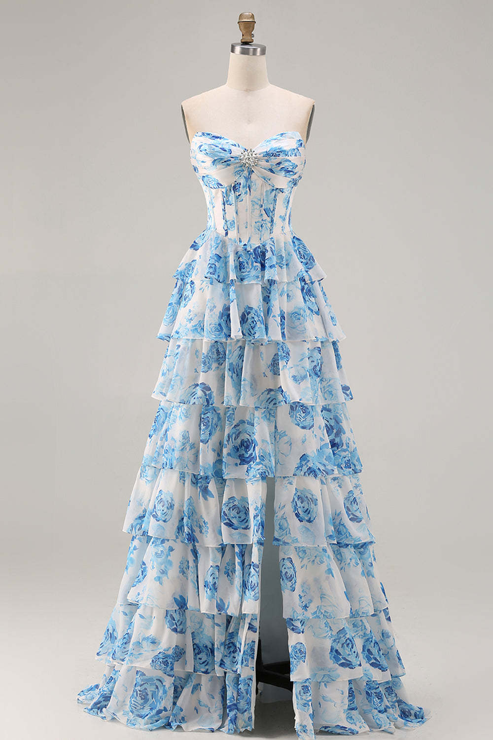 Floral A Line Ruffled White Blue Corset Long Prom Dress with Slit