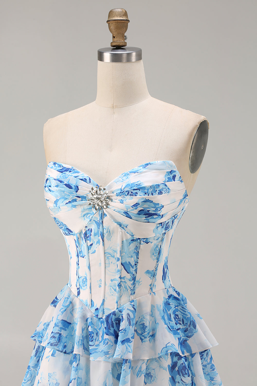 Floral A Line Ruffled White Blue Corset Long Prom Dress with Slit