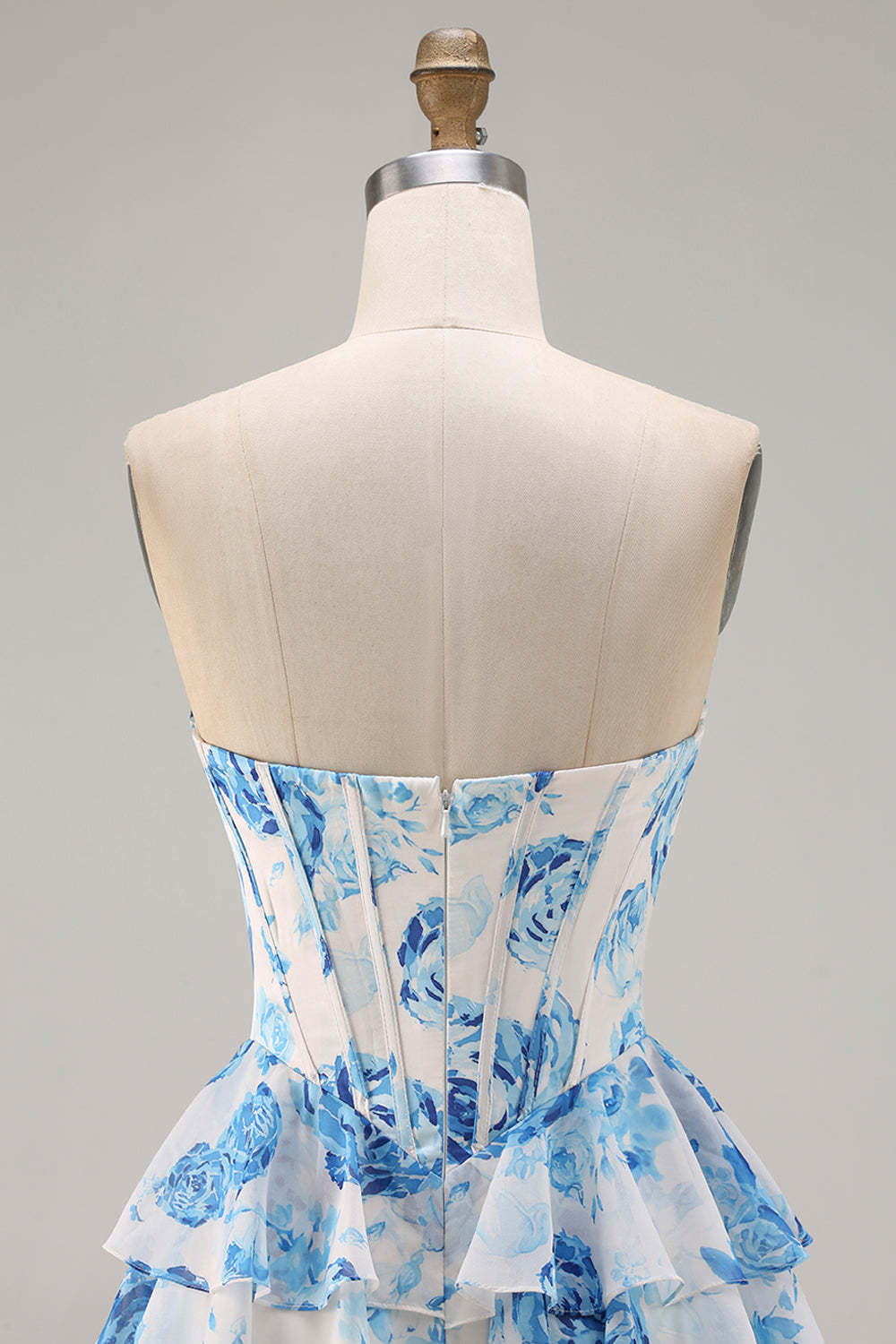 Floral A Line Ruffled White Blue Corset Long Prom Dress with Slit