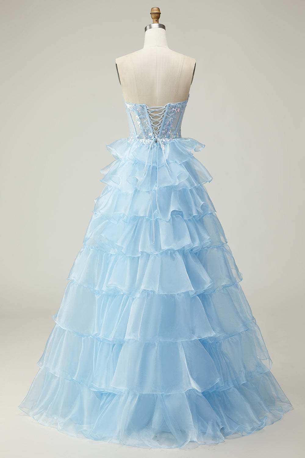 Sparkly Blue Strapless Ruffled Long Corset Prom Dress