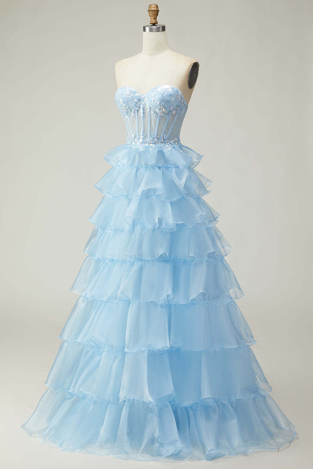 Sparkly Blue Strapless Ruffled Long Corset Prom Dress