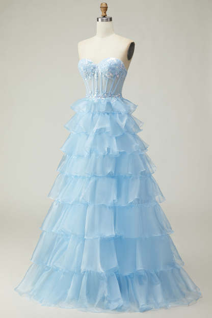 Sparkly Blue Strapless Ruffled Long Corset Prom Dress