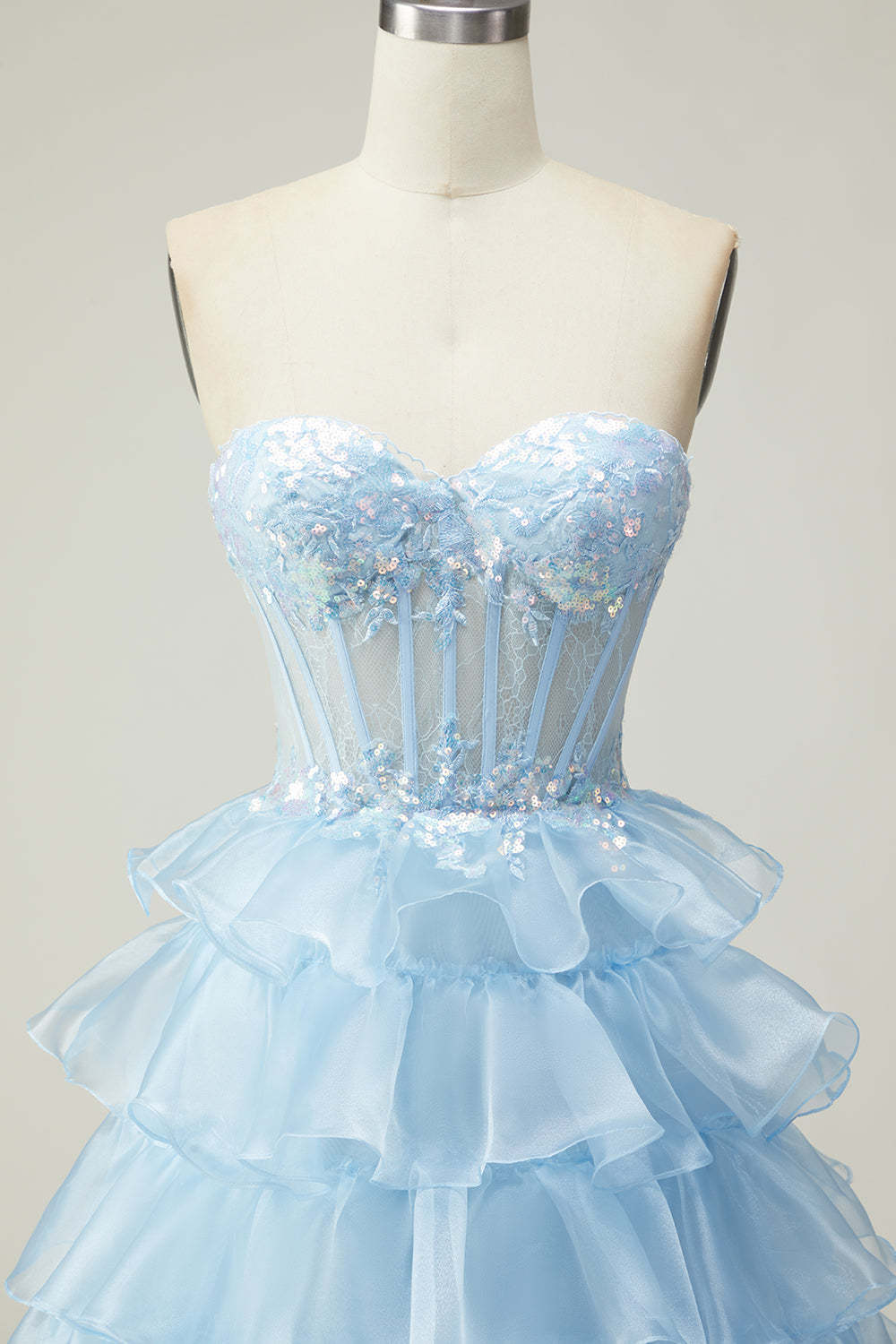 Sparkly Blue Strapless Ruffled Long Corset Prom Dress