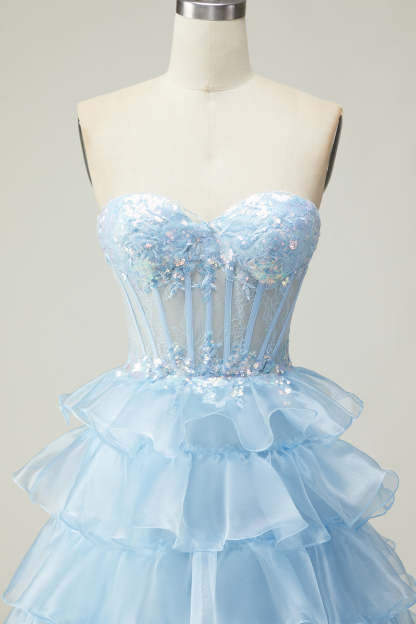 Sparkly Blue Strapless Ruffled Long Corset Prom Dress