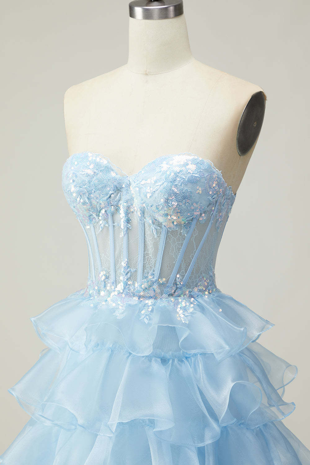 Sparkly Blue Strapless Ruffled Long Corset Prom Dress