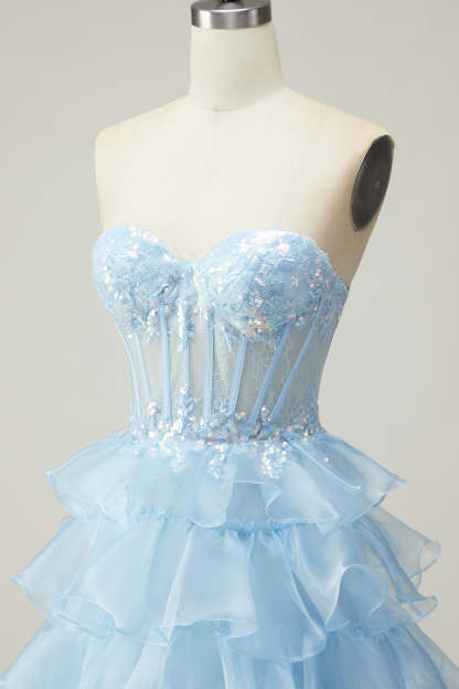Sparkly Blue Strapless Ruffled Long Corset Prom Dress