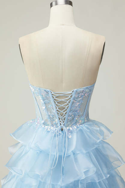 Sparkly Blue Strapless Ruffled Long Corset Prom Dress
