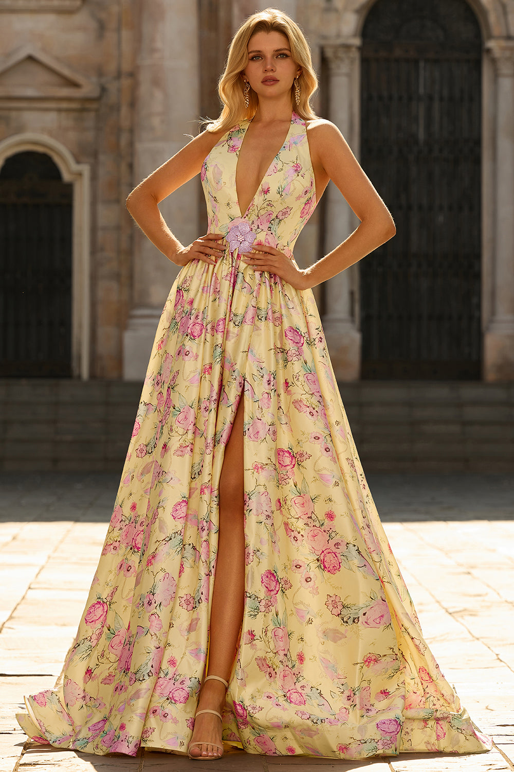 Yellow and Pink Flower V-Neck Princess Long Prom Dress with Slit