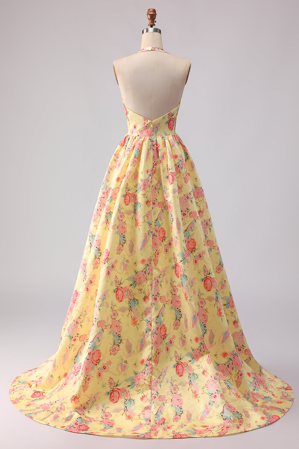 Yellow and Pink A Line Halter Floral Long Prom Dress with Slit