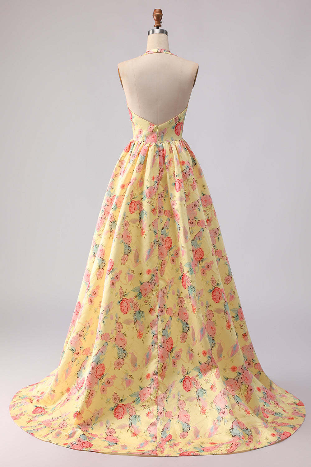 Yellow and Pink A Line Halter Floral Long Prom Dress with Slit