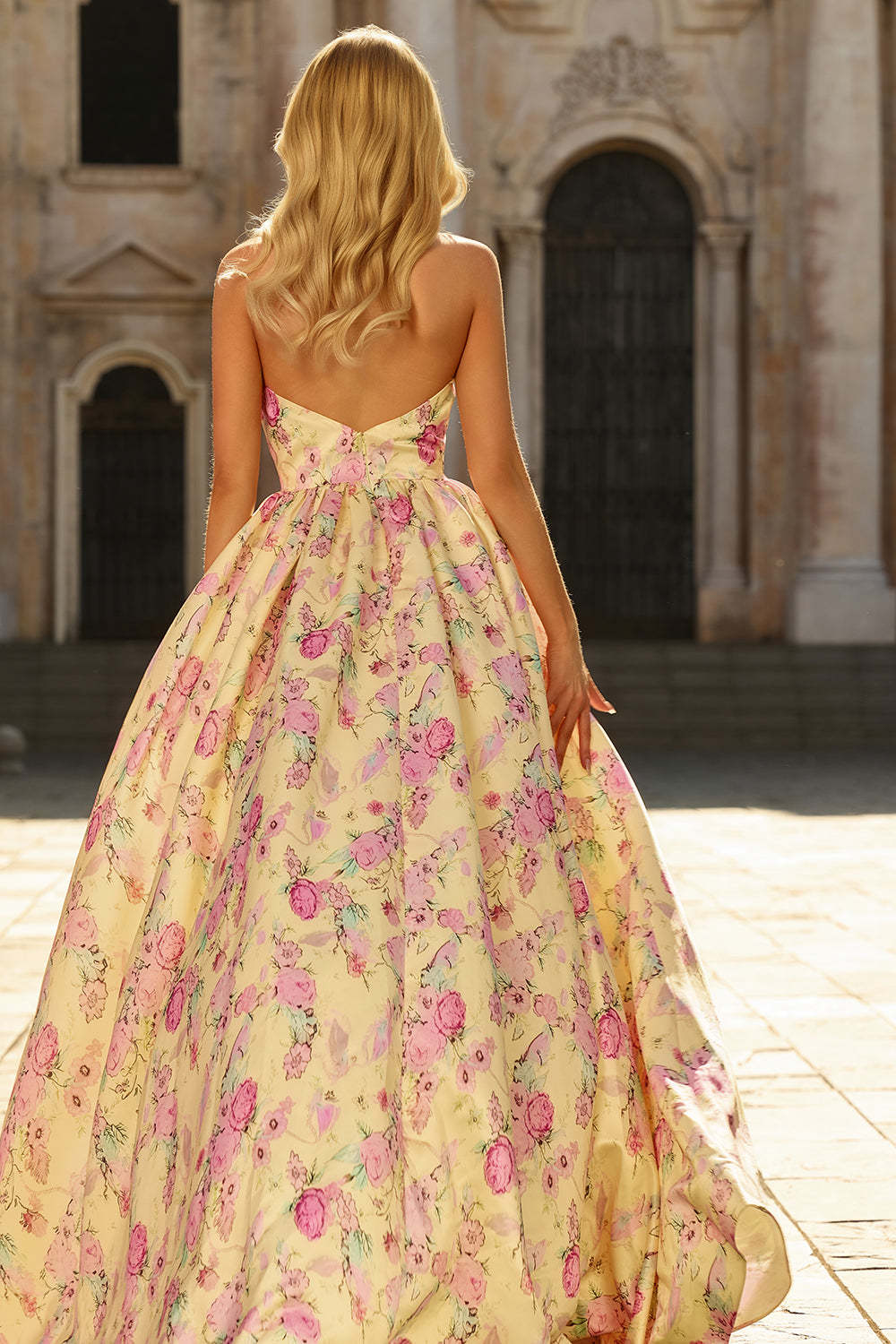 Yellow and Pink A Line Halter Floral Long Prom Dress with Slit