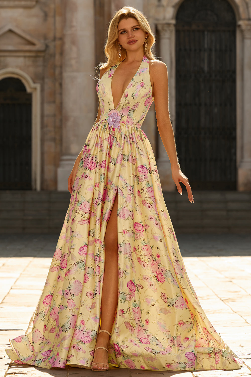 Yellow and Pink Flower V-Neck Princess Long Prom Dress with Slit