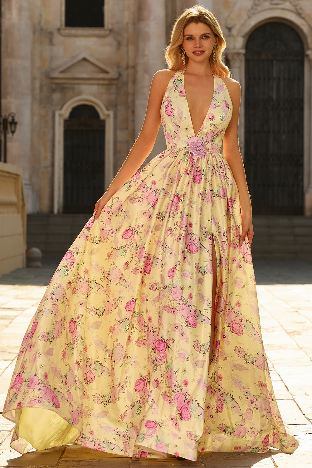 Yellow and Pink Flower V-Neck Princess Long Prom Dress with Slit