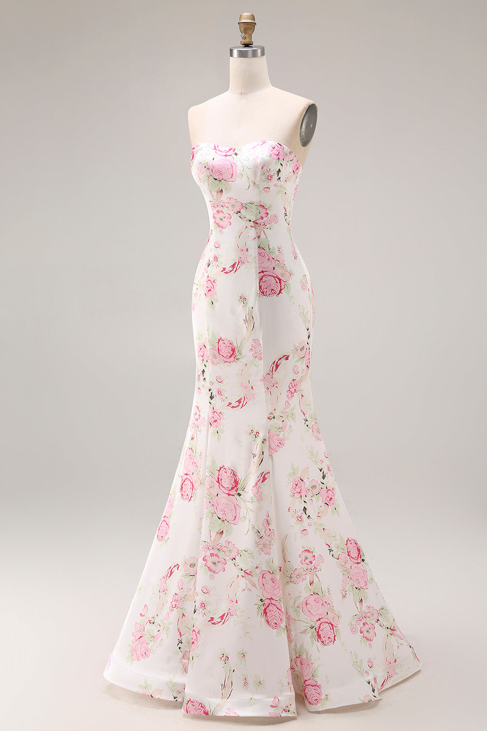 White and Pink Floral Mermaid Sweetheart Long Satin Prom Dress