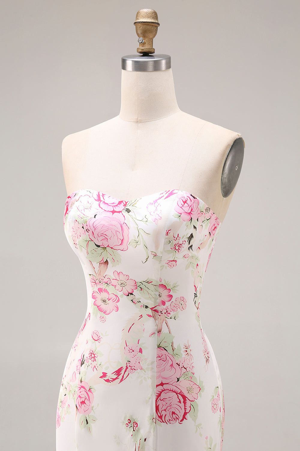 White and Pink Floral Mermaid Sweetheart Long Satin Prom Dress