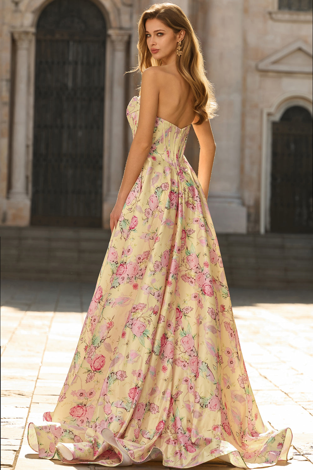 Yellow and Pink Flower Strapless A Line Long Corset Prom Dress with Slit