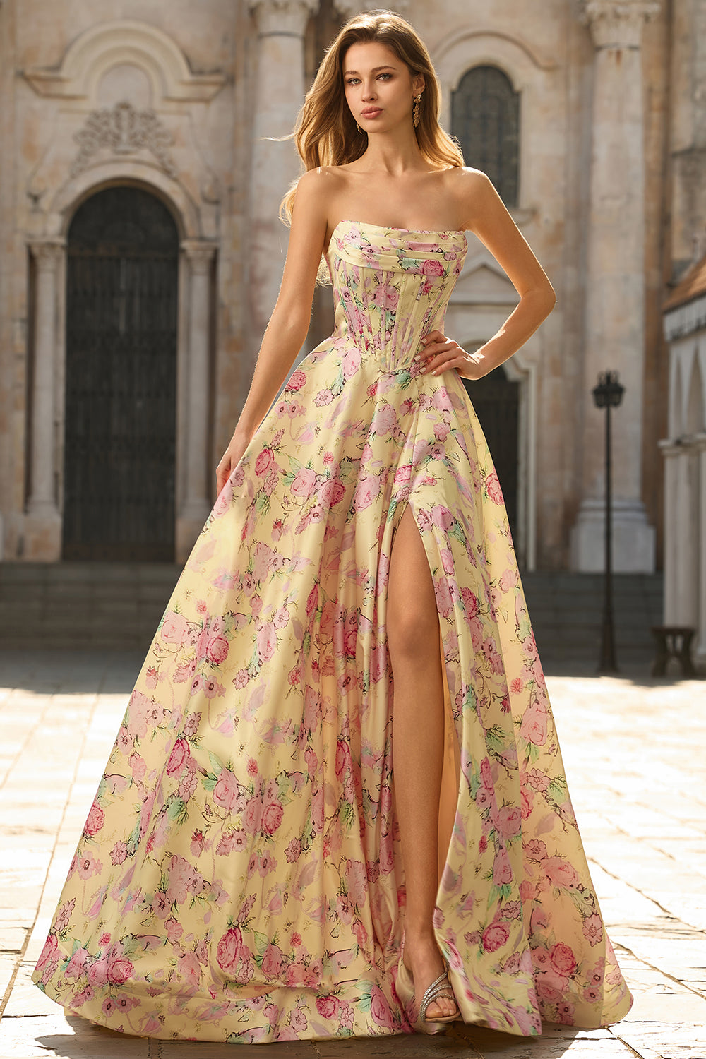 Yellow and Pink Flower Strapless A Line Long Corset Prom Dress with Slit