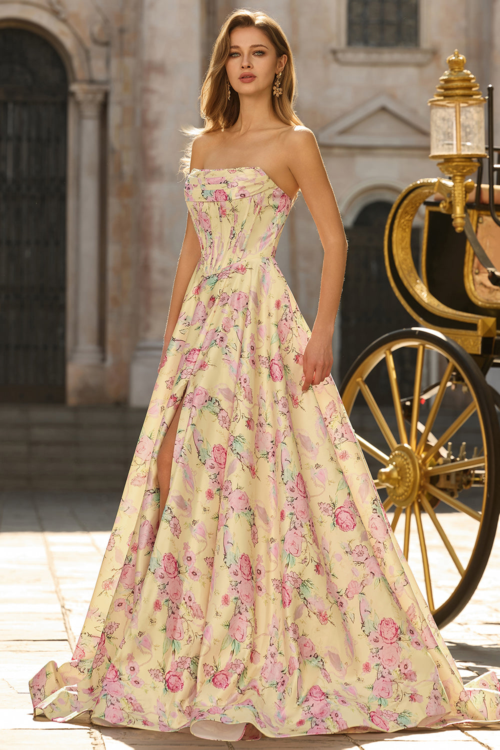 Yellow and Pink Flower Strapless A Line Long Corset Prom Dress with Slit