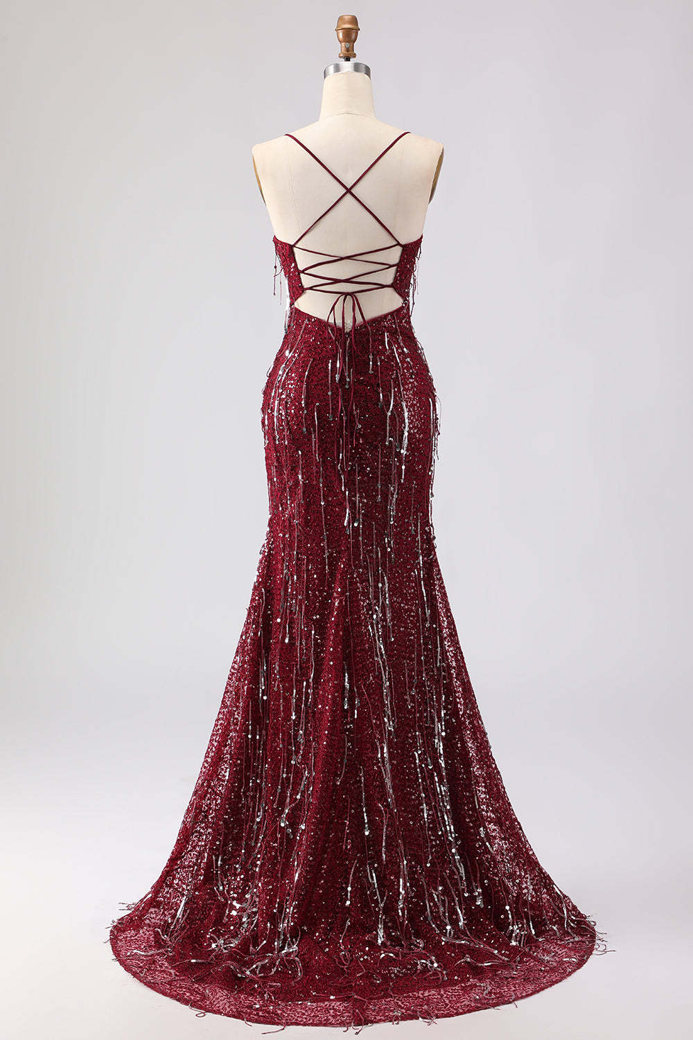Sparkly Burgundy Mermaid Sequins Long Prom Dress with Tassels