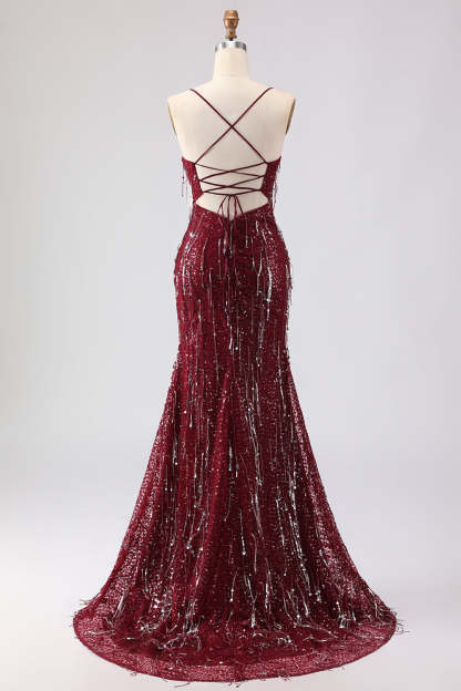 Sparkly Burgundy Mermaid Sequins Long Prom Dress with Tassels