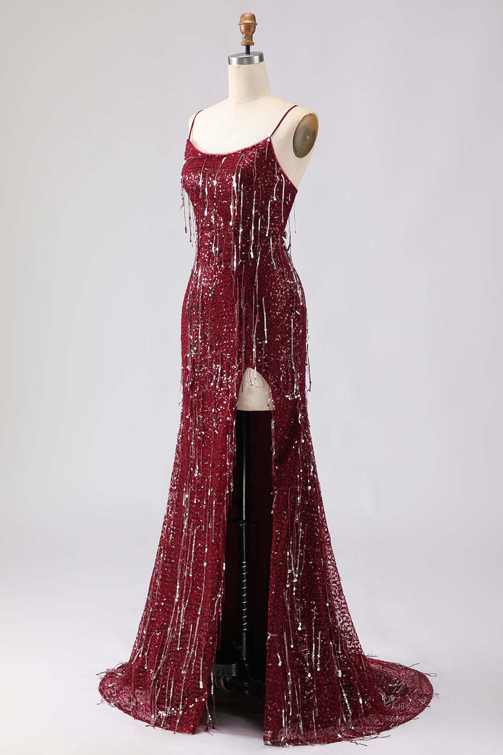 Sparkly Burgundy Mermaid Sequins Long Prom Dress with Tassels