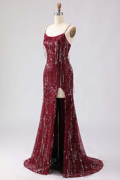 Sparkly Burgundy Mermaid Sequins Long Prom Dress with Tassels