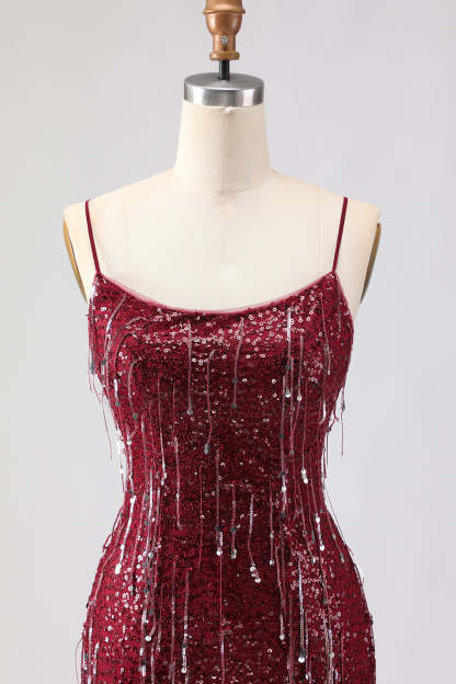 Sparkly Burgundy Mermaid Sequins Long Prom Dress with Tassels