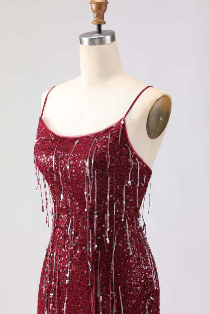 Sparkly Burgundy Mermaid Sequins Long Prom Dress with Tassels