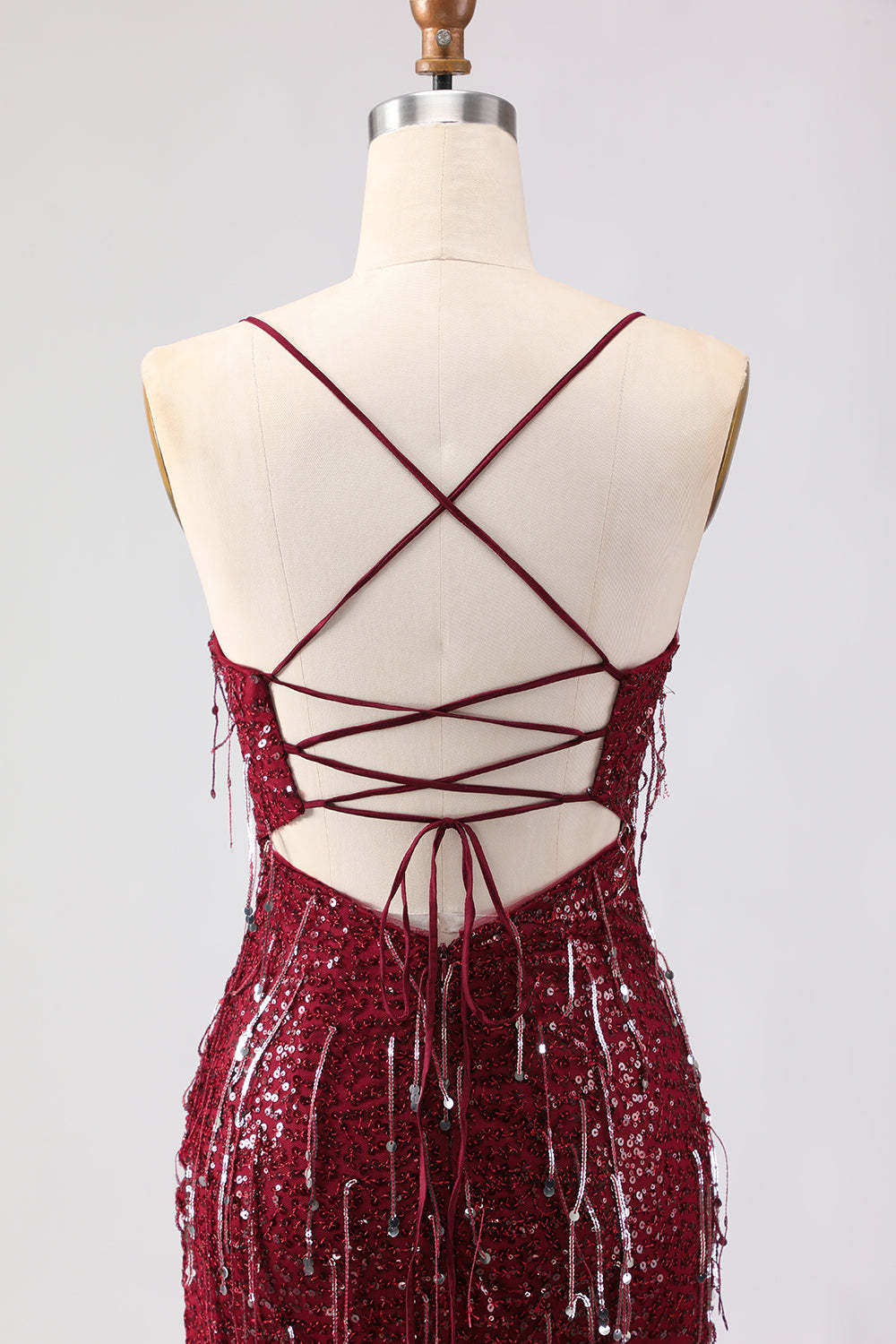 Sparkly Burgundy Mermaid Sequins Long Prom Dress with Tassels