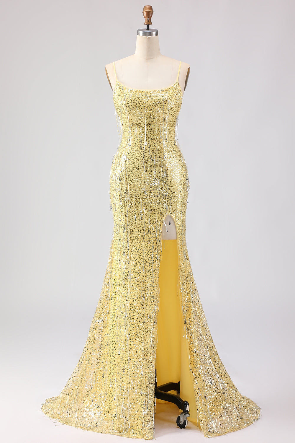 Sparkly Yellow Sequin Spaghetti Straps Maxi Prom Dress with Slit