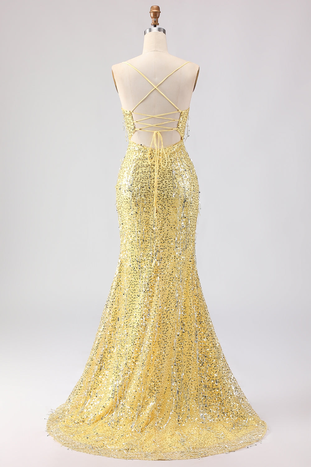 Sparkly Yellow Sequin Spaghetti Straps Maxi Prom Dress with Slit