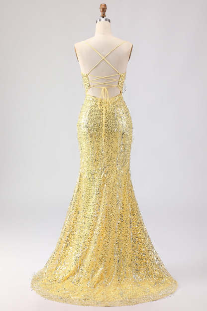 Sparkly Yellow Sequin Spaghetti Straps Maxi Prom Dress with Slit