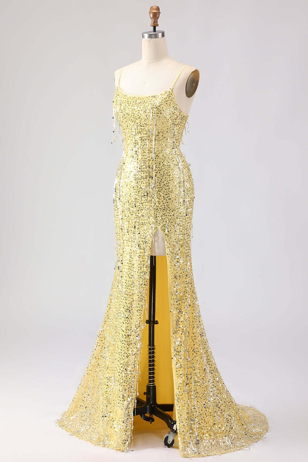 Sparkly Yellow Sequin Spaghetti Straps Maxi Prom Dress with Slit