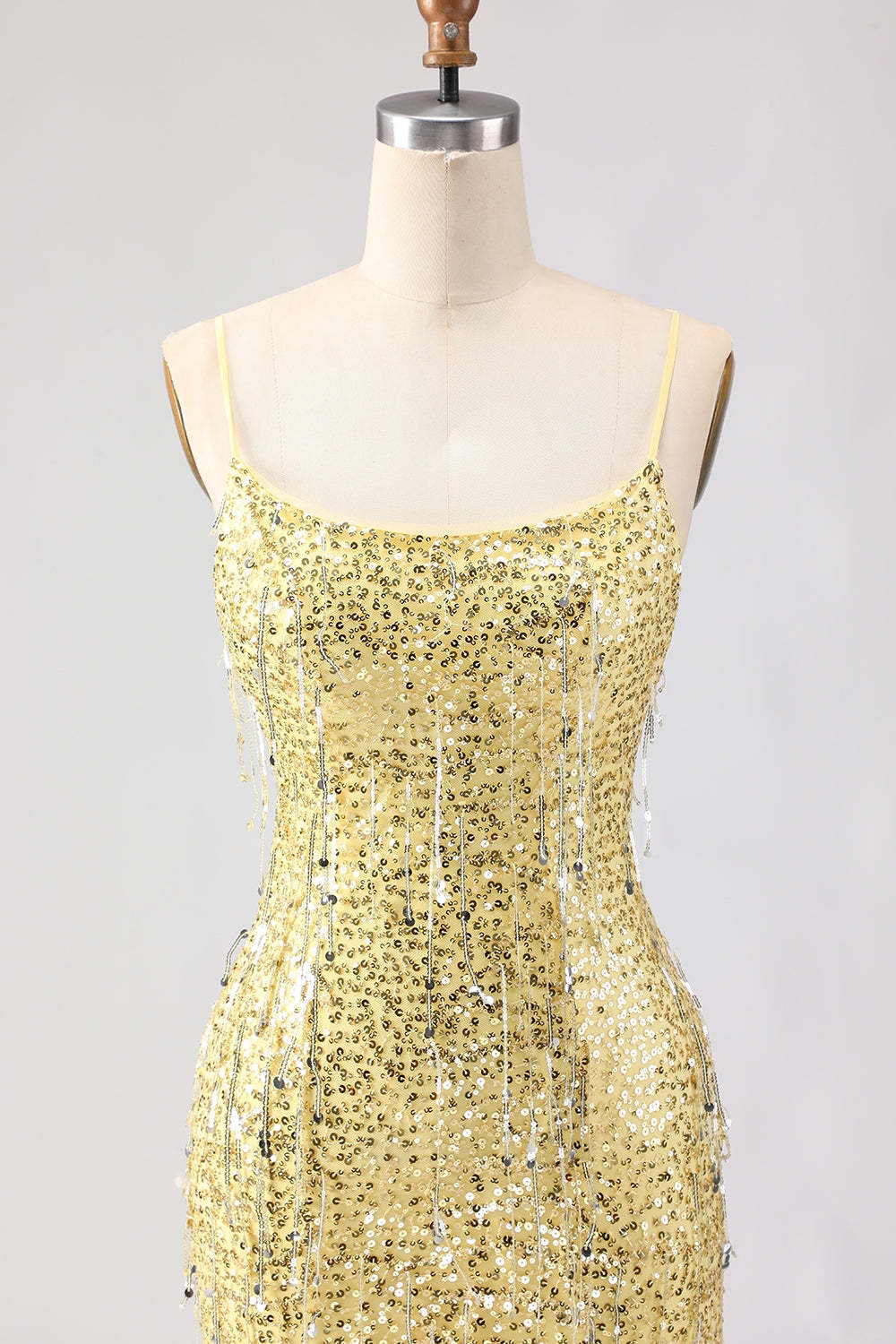 Sparkly Yellow Sequin Spaghetti Straps Maxi Prom Dress with Slit