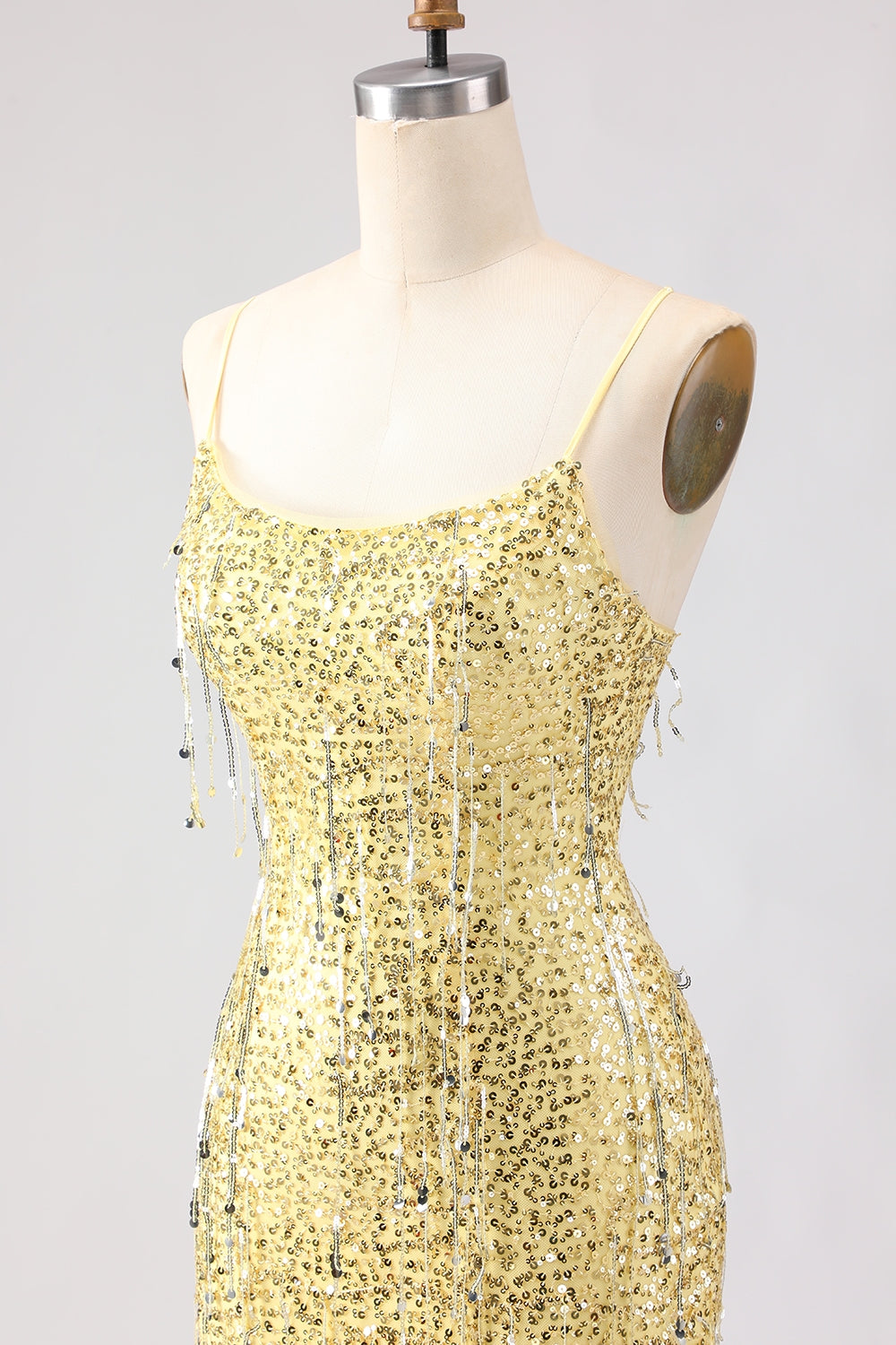 Sparkly Yellow Sequin Spaghetti Straps Maxi Prom Dress with Slit