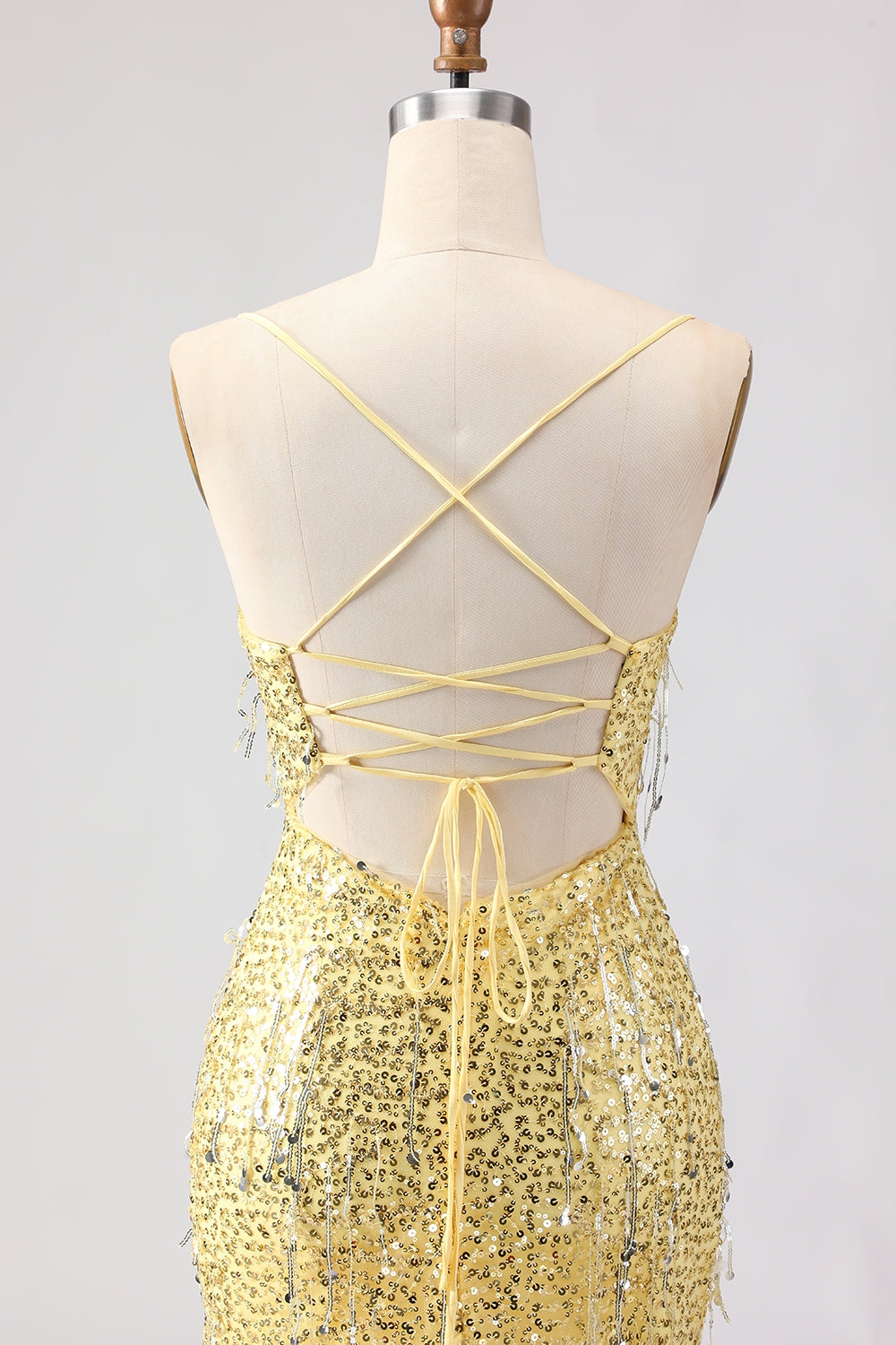 Sparkly Yellow Sequin Spaghetti Straps Maxi Prom Dress with Slit