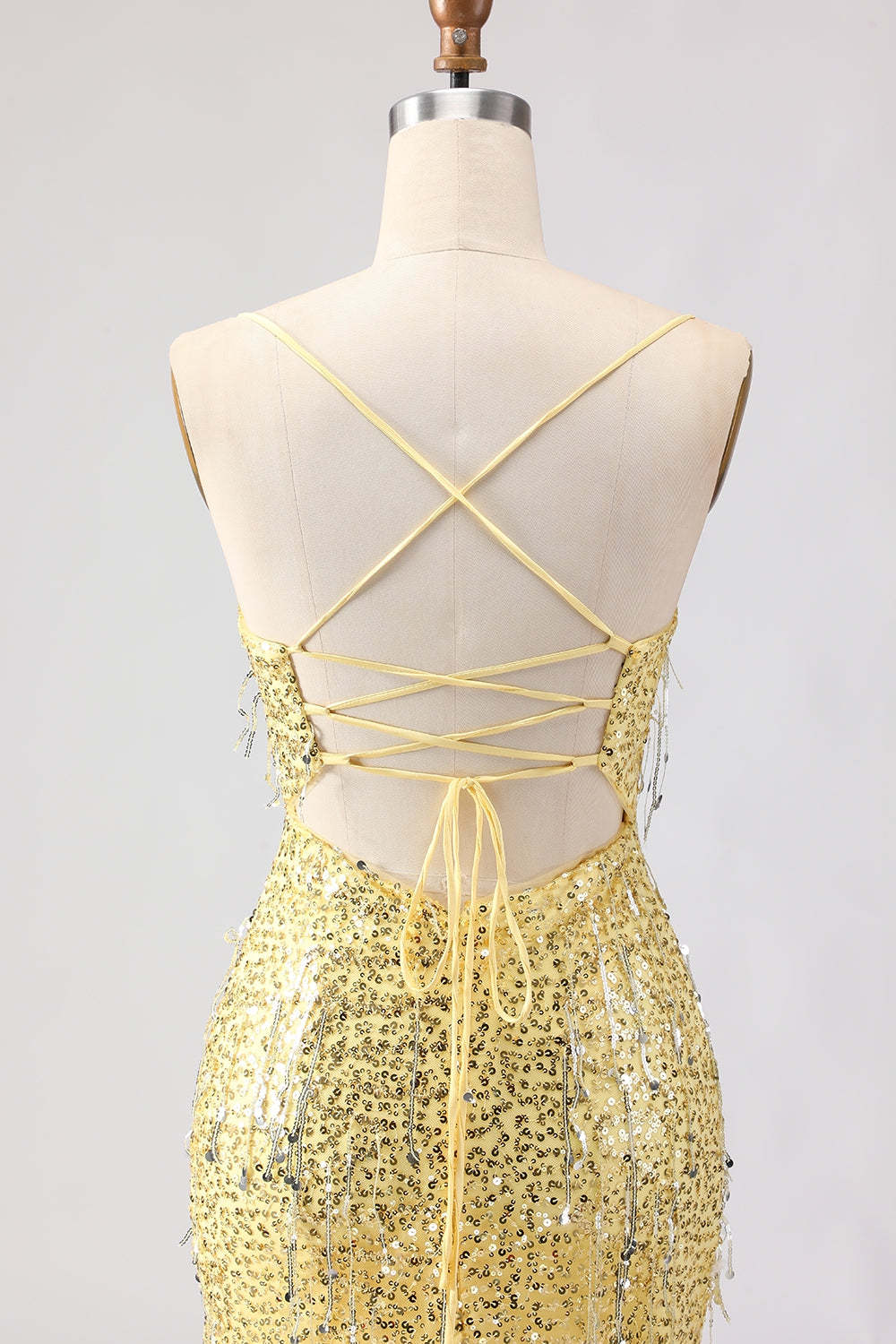 Sparkly Yellow Sequin Spaghetti Straps Maxi Prom Dress with Slit
