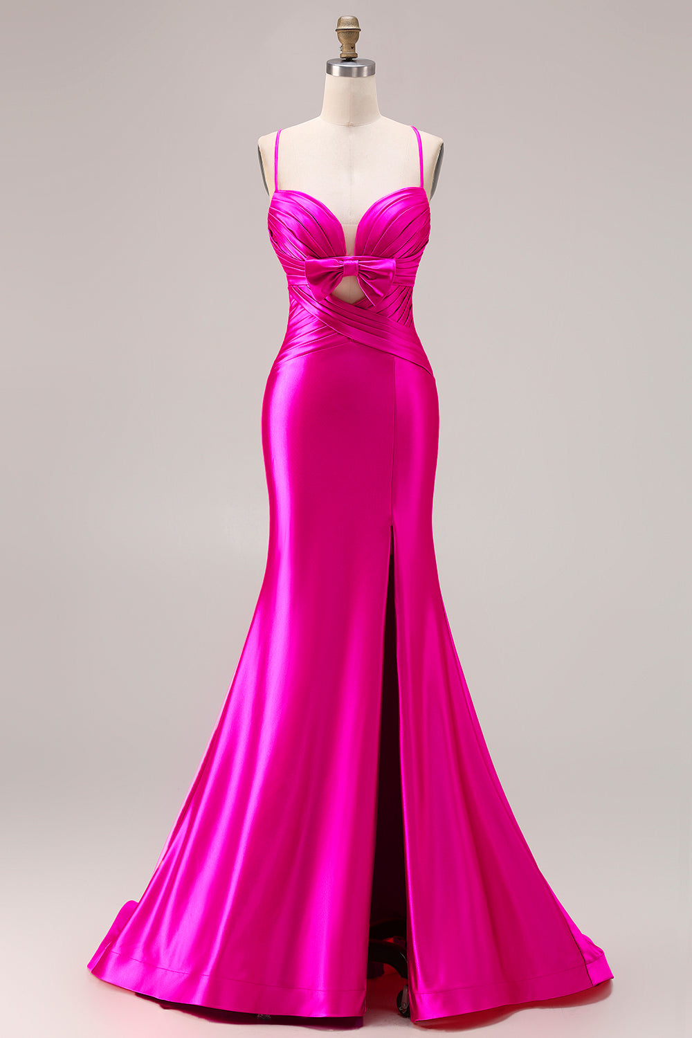 Fuchsia Satin Spaghetti Straps Mermaid Long Prom Dress with Slit
