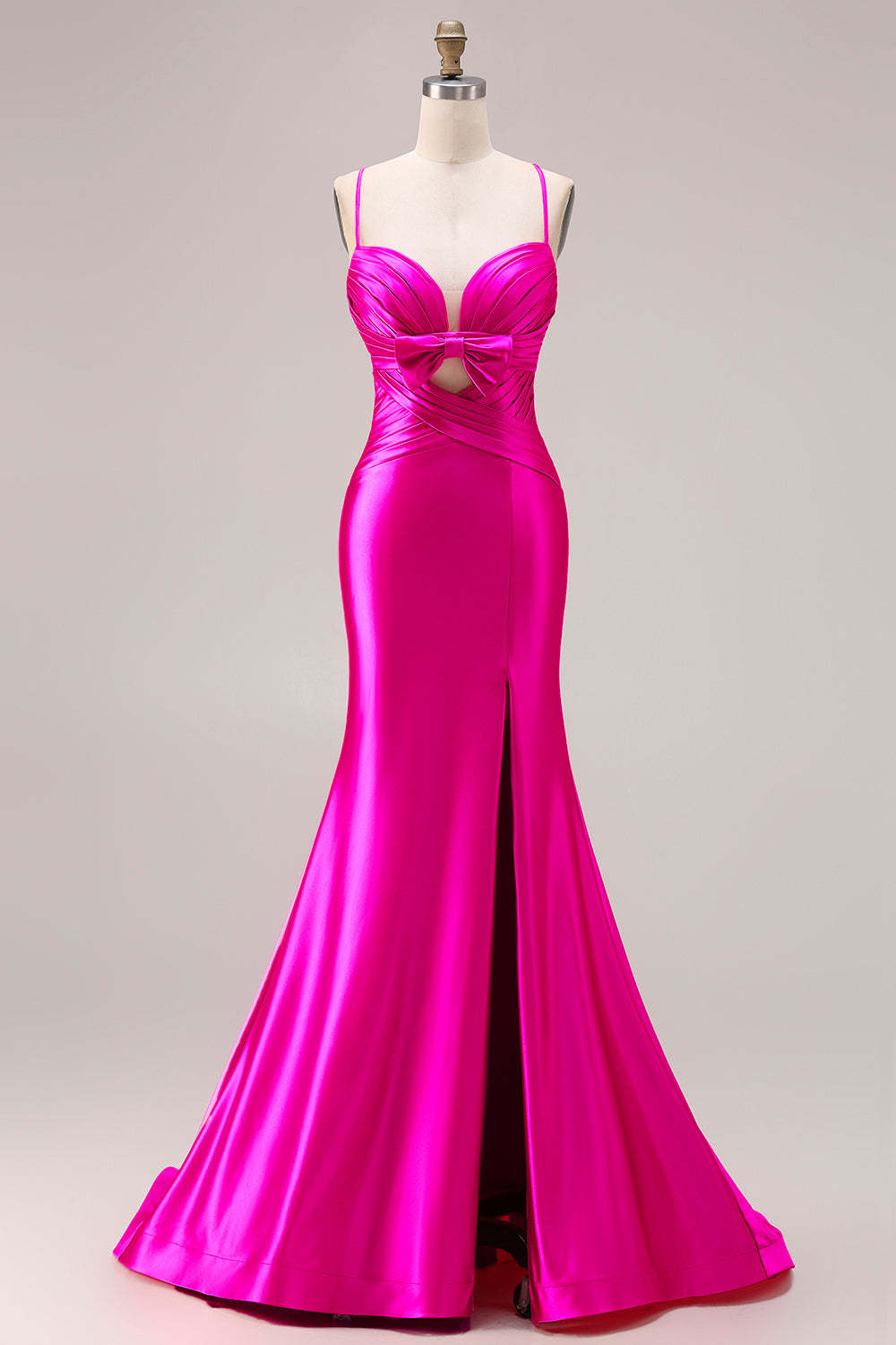 Fuchsia Satin Spaghetti Straps Mermaid Maxi Prom Dress with Bow