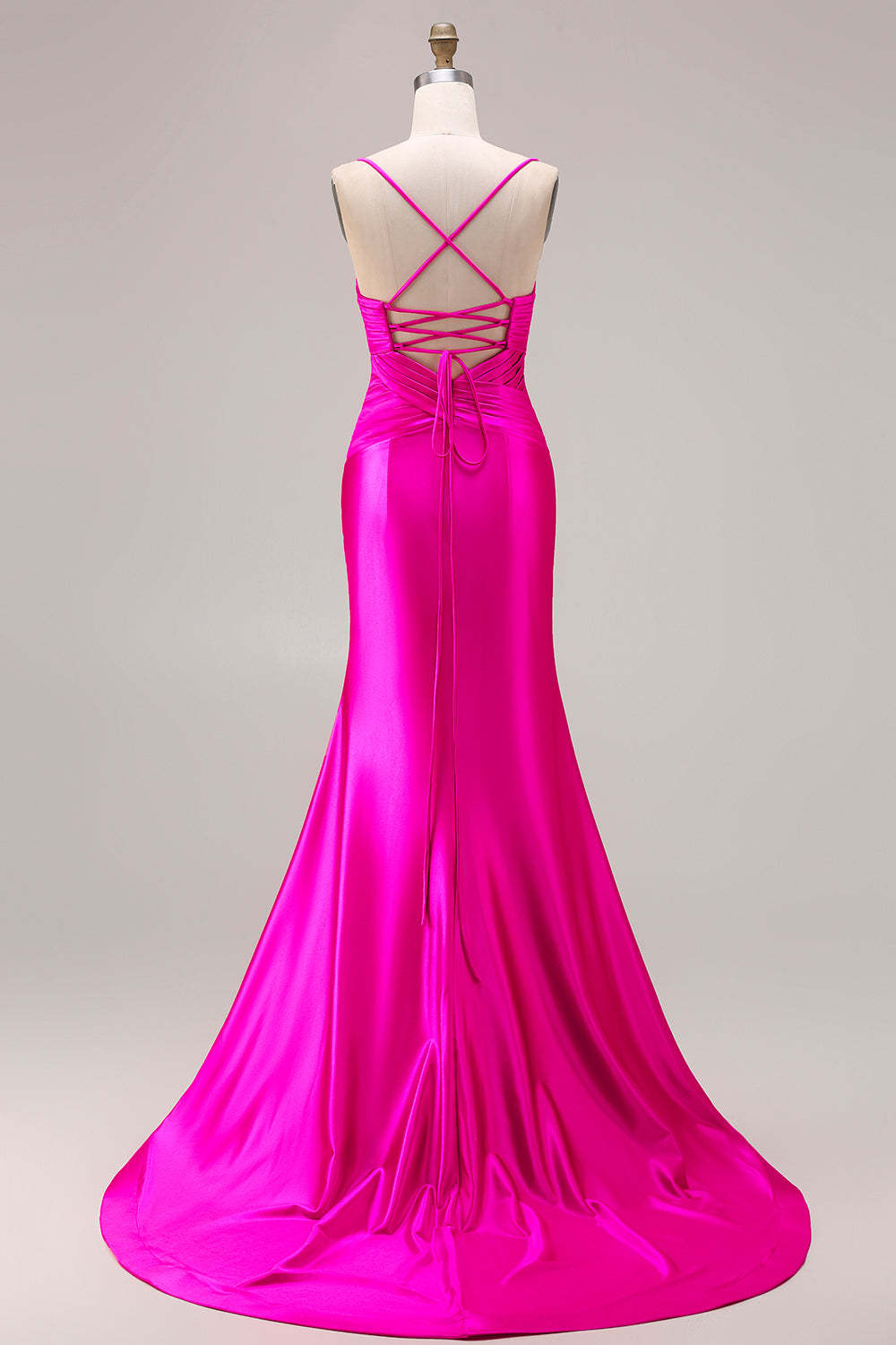 Fuchsia Satin Spaghetti Straps Mermaid Maxi Prom Dress with Bow