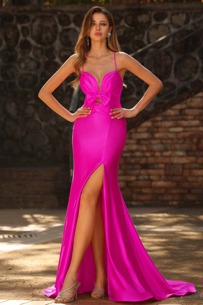 Fuchsia Satin Spaghetti Straps Mermaid Maxi Prom Dress with Bow