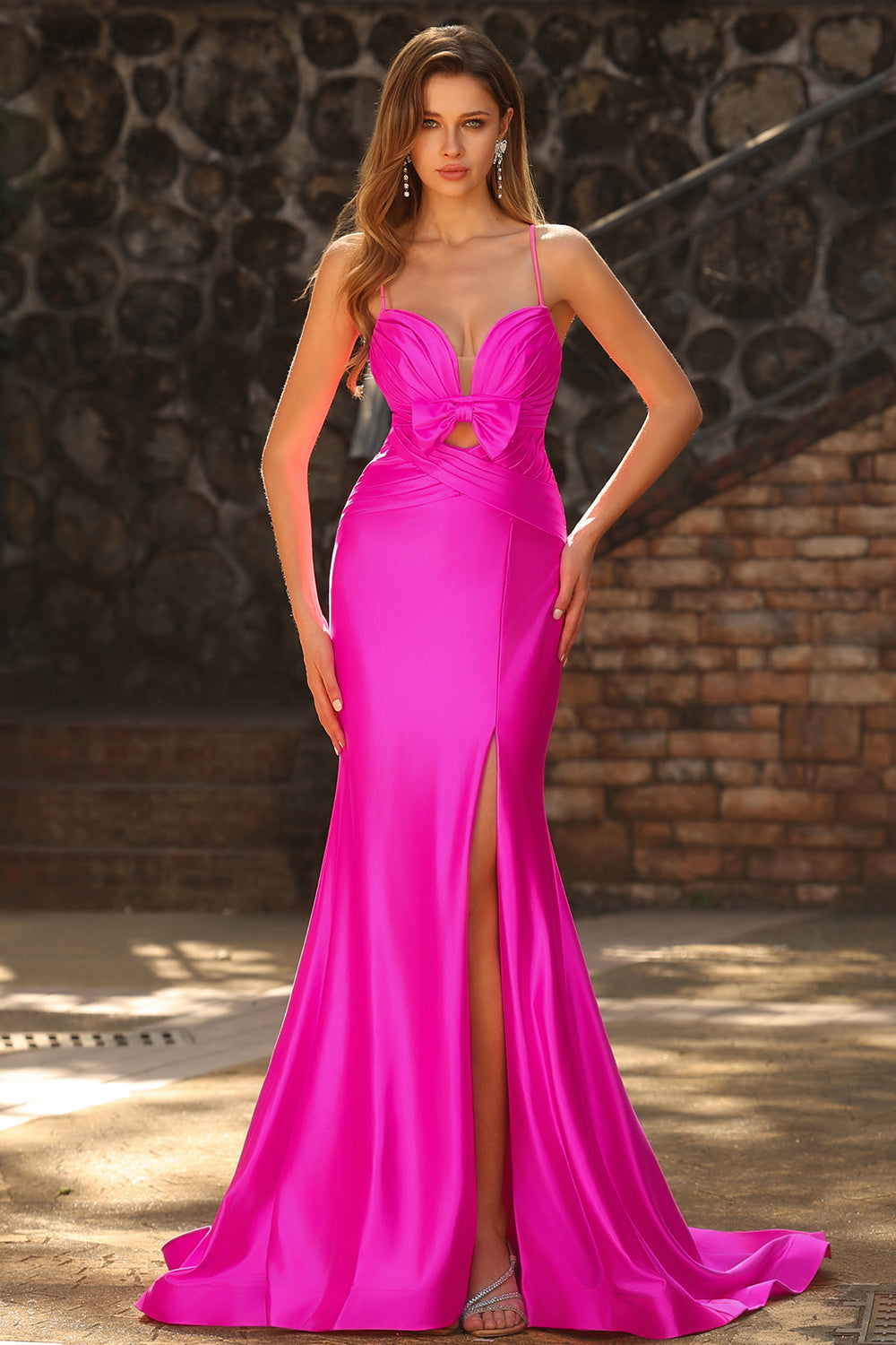 Fuchsia Satin Spaghetti Straps Mermaid Maxi Prom Dress with Bow