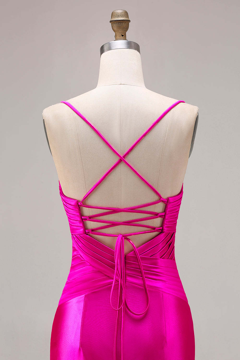 Fuchsia Satin Spaghetti Straps Mermaid Long Prom Dress with Slit