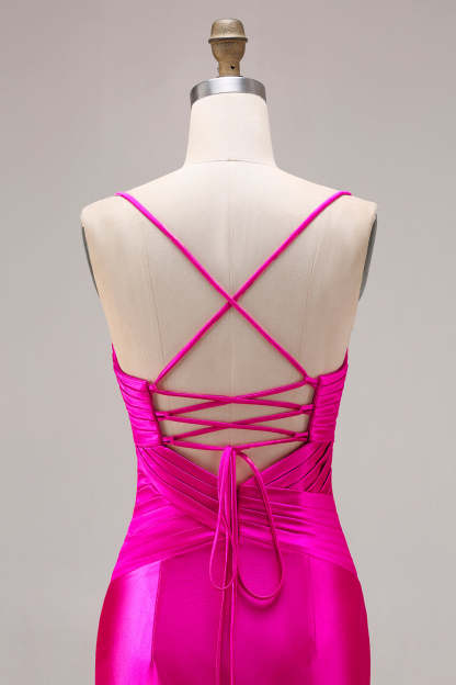Fuchsia Satin Spaghetti Straps Mermaid Long Prom Dress with Slit