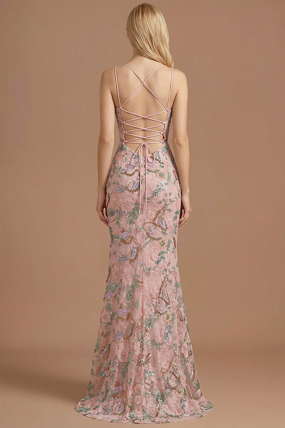 Blush Floral Mermaid Sparkly Spaghetti Straps Maxi Prom Dress