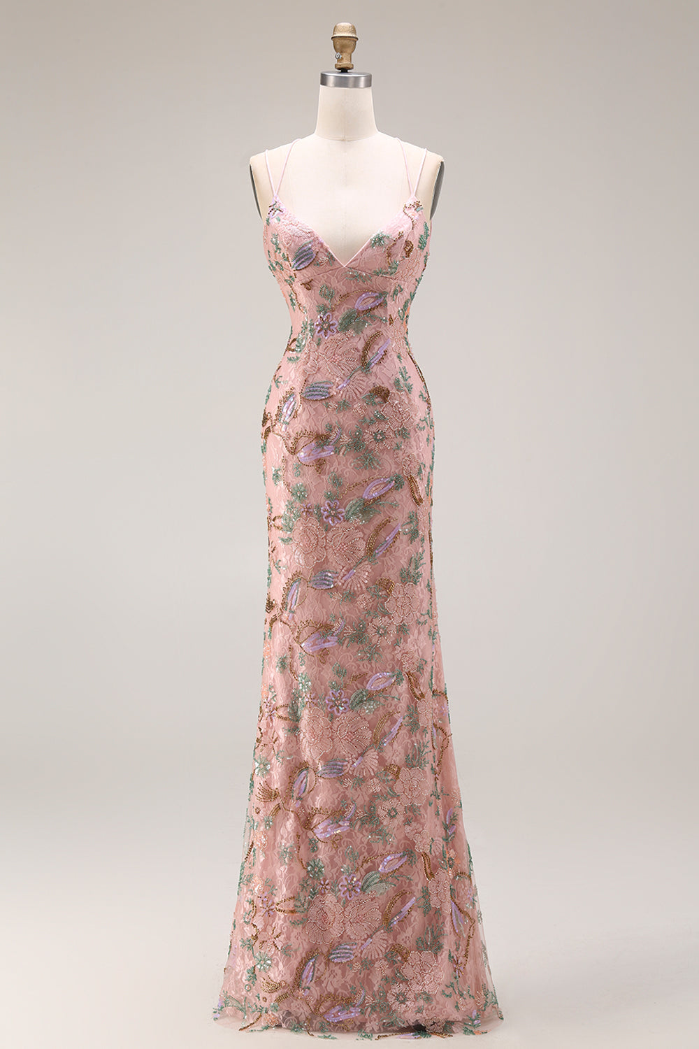 Blush Floral Mermaid Sparkly Spaghetti Straps Maxi Prom Dress