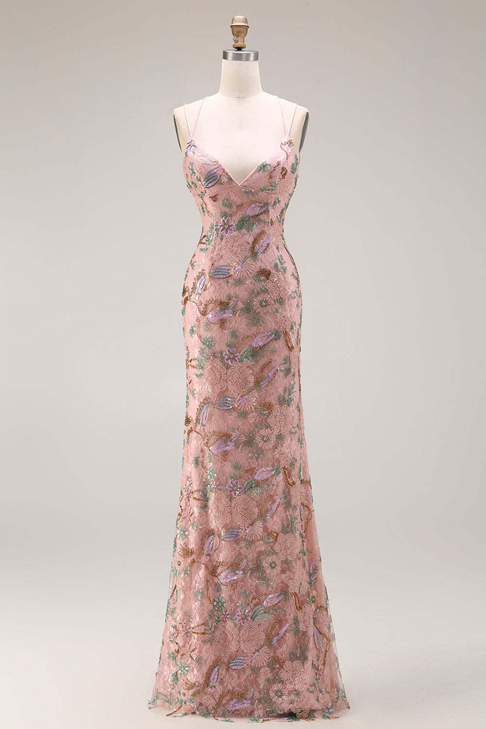 Blush Floral Mermaid Sparkly Spaghetti Straps Maxi Prom Dress