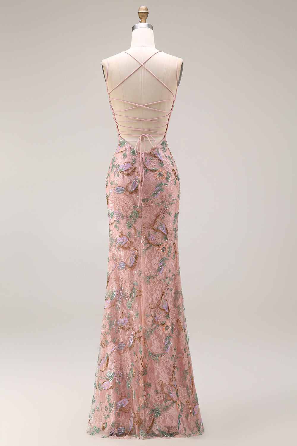 Blush Floral Mermaid Sparkly Spaghetti Straps Maxi Prom Dress