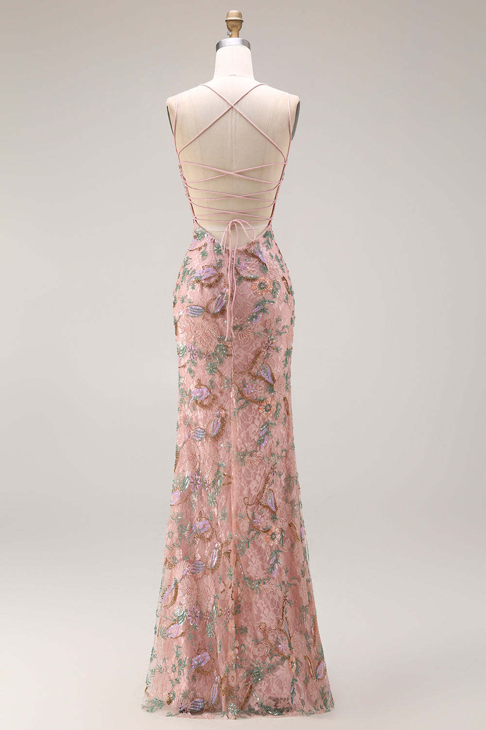 Blush Floral Mermaid Sparkly Spaghetti Straps Maxi Prom Dress