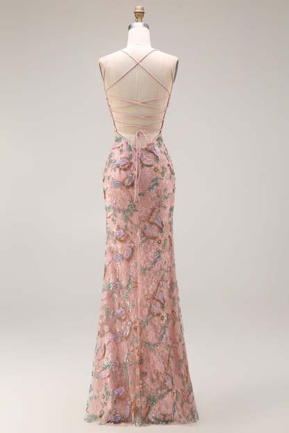 Blush Floral Mermaid Sparkly Spaghetti Straps Maxi Prom Dress